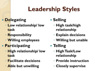 Leadership Styles
   Delegating                    Selling
    ◦ Low relationship/ low        ◦ High task/high
      tas...
