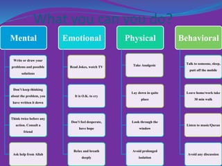 What you can you do?
Mental
Write or draw your
problems and possible
solutions
Don’t keep thinking
about the problem, you
have written it down
Think twice before any
action. Consult a
friend
Ask help from Allah
Emotional
Read Jokes, watch TV
It is O.K. to cry
Don’t feel desperate,
have hope
Relax and breath
deeply
Physical
Take Analgesic
Lay down in quite
place
Look through the
window
Avoid prolonged
isolation
Behavioral
Talk to someone, sleep,
putt off the mobile
Leave home/worktake
30 min walk
Listen to music/Quran
Avoid any discussion
 