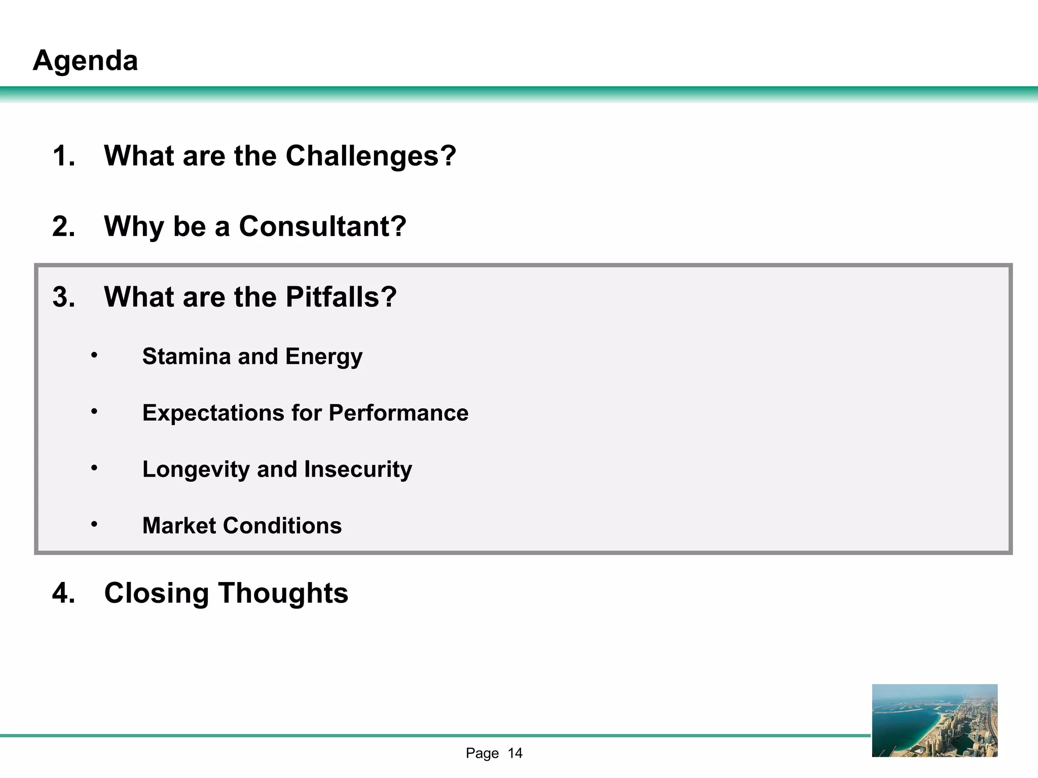 Agenda What are the Challenges? Why be a Consultant? What are the Pitfalls? Stamina and Energy Expectations for Performance Longevity and Insecurity Market Conditions Closing Thoughts 