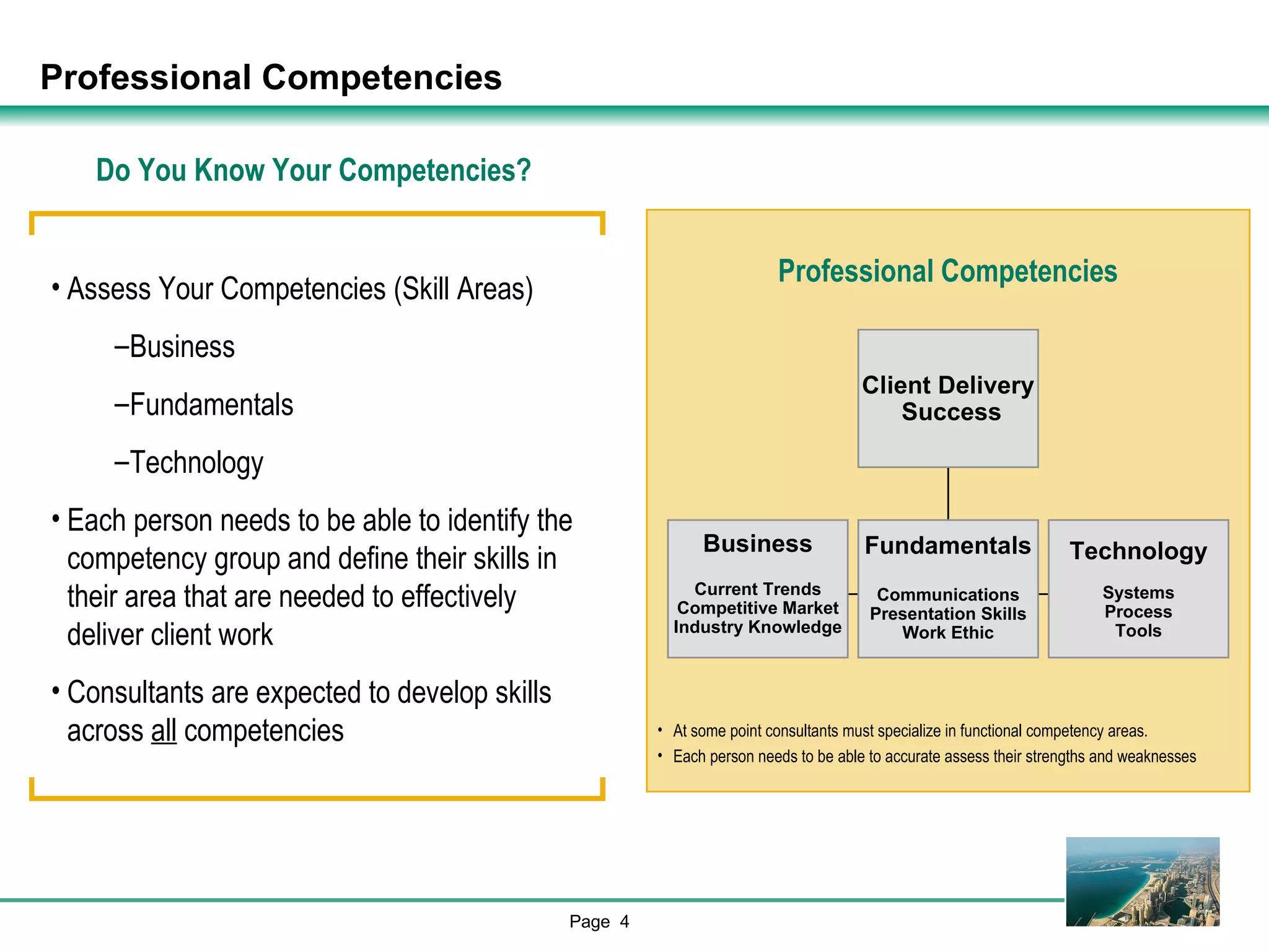 Professional Competencies Assess Your Competencies (Skill Areas) Business Fundamentals Technology Each person needs to be able to identify the competency group and define their skills in their area that are needed to effectively deliver client work Consultants are expected to develop skills across  all  competencies Do You Know Your Competencies? Business Current Trends Competitive Market Industry Knowledge Technology Systems Process Tools Fundamentals Communications Presentation Skills Work Ethic   Client Delivery Success Professional Competencies At some point consultants must specialize in functional competency areas. Each person needs to be able to accurate assess their strengths and weaknesses 