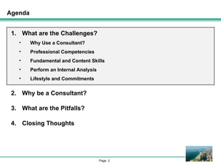 Agenda What are the Challenges? Why Use a Consultant? Professional Competencies Fundamental and Content Skills Perform an Internal Analysis Lifestyle and Commitments Why be a Consultant? What are the Pitfalls? Closing Thoughts 