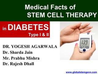 Medical Facts of
STEM CELL THERAPY
DR. YOGESH AGARWALA
Dr. Sharda Jain
Mr. Prabhu Mishra
Dr. Rajesh Dhall
in DIABETES
Type I & II
www.globalstemgenn.com
 