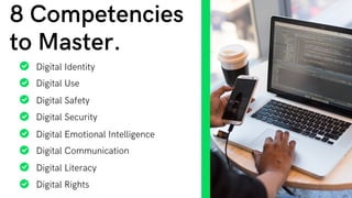 8 Competencies
to Master.
Digital Identity
Digital Use
Digital Safety
Digital Security
Digital Emotional Intelligence
Digital Communication
Digital Literacy
Digital Rights
 