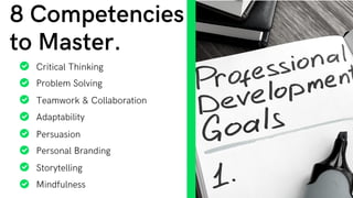 8 Competencies
to Master.
Critical Thinking
Problem Solving
Teamwork & Collaboration
Adaptability
Persuasion
Personal Branding
Storytelling
Mindfulness
 