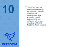 ▸ISO 27001 uses risk
assessments to identify
the necessary controls
regarding risk
management, data
protection impact
assessments, and
mitigation to the risks
regarding rights and
freedoms of data subjects.
10
 