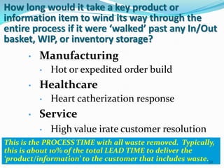 How long would it take a key product or
information item to wind its way through the
entire process if it were ‘walked’ past any In/Out
basket, WIP, or inventory storage?
      •   Manufacturing
          •   Hot or expedited order build
      •   Healthcare
          •   Heart catherization response
      •   Service
          •   High value irate customer resolution
This is the PROCESS TIME with all waste removed. Typically,
this is about 10% of the total LEAD TIME to deliver the
‘product/information’ to the customer that includes waste.21
 