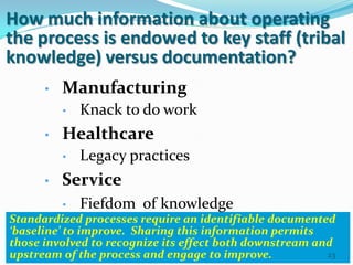 How much information about operating
the process is endowed to key staff (tribal
knowledge) versus documentation?
      •   Manufacturing
          •   Knack to do work
      •   Healthcare
          •   Legacy practices
      •   Service
          •   Fiefdom of knowledge
Standardized processes require an identifiable documented
‘baseline’ to improve. Sharing this information permits
those involved to recognize its effect both downstream and
upstream of the process and engage to improve.           23
 