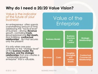 Why do I need a 20/20 Value Vision?
Value is the indicator
of the future of your
business!                                        Value of the
An entrepreneur often spends
overwhelming amount of time
                                                  Enterprise
addressing the “tactical level”
of business – driving Revenue
growth, controlling Costs,
growing/preserving Net Assets,                              Business
and finalizing contractual                                  Structure      Strategic
relationships . But that secures         Business Model
                                                               and       Relationships
only the present!                                            Control

It is only when one pays
attention to the “strategy level”
of the business model, the
structure, and the strategic                                 Tangible,
relationships that one creates a                            Intangible   Contractual
“sustainable growing                  Revenue       Costs      and       Commercial
enterprise” that is valuable.                                 Human      Relationships
                                                              Assets



© 2012 - 2013                       BUSINESS ANALYTIX                                2
 