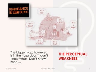 The bigger trap, however,
      is in the hazardous “I don’t              THE PERCEPTUAL
      Know What I Don’t Know”                   WEAKNESS
      zone …

© 2012 - 2013               BUSINESS ANALYTIX                    6
 
