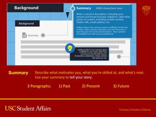 3 Paragraphs: 1) Past 2) Present 3) Future
Summary Describe what motivates you, what you're skilled at, and what's next.
Use your summary to tell your story.
 
