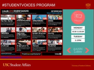 LinkedIn2016STUDENTCALENDARMonthly content themes for students. Interested in a topic?
Write about it during the speciﬁed month and include the hashtag somewher e in the body of your post.
JAN
It’s a new year and a new semester. What
are your personal and professional goals
this year, and how do you plan to follow
through on them? #NewYearNewMe
NewYear,NewMe
FEB
What’s something you’re passionate about
outside your major or area of study? How do
you balance that passion with your workload?
Reveal the creative outlets or passion projects
that have helped shaped you.
#MySideHustle
LIFEBEYONDTHECLASSROOM
Where do you see yourself in five to
seven years, and how do you plan to get
there?#SpringForward
SPRINGFORWARD SERVICE
APR
Describe a time when you have work ed
in service to others and how it impacted
you. What takeaways would you share
with your peers? #Service
MAY JUN
AMillennial
onMillennials
GRADUATIONIf you had to choose your commencement
speaker, who would it be and why? If you’re
graduating, what words of wisdom or advice
would you give to students still pursuing their
degrees? #Graduation
Everyone from employers to brands are
desperate to understand how millennials
think. What would you tell them?
#MillennialMe
What does your ideal company or
industry look like? What could it do
differently to build a better workplace
for a potential employee like yourself?
#WhereIWork
Share your best (and worst) internship
stories. Describe a day in the life of being
an intern. How did you get hired? How
have past internships prepared you for
your current role? #Interning
JUL AUG
MyIdeal Workplace
Planning to study abr oad? If you’ve already
spent time in another country, describe what
you took away from the experience. How has it
shaped you? What did studying abroad teach
you that you couldn’t learn on campus?
#LifeAbroad
LifeAbroad The job hunt can be stressful. What are some
tips and tricks that have helped you get through
this process? What’s your negotiation game
plan? How have you leveraged social media in
your search? #JobHunt
Take on an issue and tackle it in an open
letter. Share the dialogue you’d start with
an industry, your university, or another
organization.
#OpenLetter
Student protests are synonymous with
college campuses. How have you
organized around something you care
about? What do you believe is worth
fig
h
t ing for ? #Advocate
Interning
Advocate TheJobHunt
Photos: unsplash, splitshire, deathtothestockphoto , Drew Anthony Smith / Stringer,
Cultura RM/Laura Doss - Getty Images
MAR
SEP OCT NOV DEC
AnOpenLetter TO...
GETSTARTEDNOW
http://lnkd.in/publish
LEARNABOUTSTUDENTPUBLISHING
students.linkedin.com/student-publishing
Besuretoadd#StudentVoicesat thebottomof your post
for possiblepromotiononLinkedIn’snewsreader Pulse.
#STUDENTVOICES PROGRAM
LinkedIn For Students
 