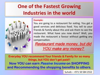 One	
  of	
  the	
  Fastest	
  Growing	
  
        industries	
  in	
  the	
  world	
  
                 Example:	
  	
  	
  
                 You	
  are	
  going	
  to	
  a	
  restaurant	
  for	
  ea;ng.	
  You	
  get	
  a	
  
                 good	
   services	
   and	
   delicious	
   food.	
   You	
   tell	
   to	
   your	
  
                 friends	
  &	
  Family	
  about	
  this	
  and	
  ask	
  them	
  to	
  see	
  the	
  
                 restaurant.	
   What	
   have	
   you	
   now	
   done?	
   Well,	
   you	
  
                 made	
   the	
   restaurant	
   a	
   favour	
   without	
   geJng	
   any	
  
                 compensa;on.	
  	
  
                        Restaurant made money, but did
                            YOU make any money?	
  	
  
                 	
  


Everyday YOU recommend Your friends & Family for so many
             things, but YOU don’t get paid!!
 Now YOU can earn Passive Income on SHOPPING
and Recommending the shopping benefits to others.
                                                             Suhaib	
  –	
  +971	
  50	
  584	
  2552	
  
 