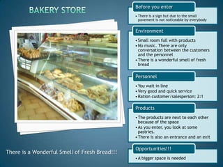 Before you enter
                                               • There is a sign but due to the small
                                                 pavement is not noticeable by everybody


                                               Environment
                                               • Small room full with products
                                               • No music. There are only
                                                 conversation between the customers
                                                 and the personnel
                                               • There is a wonderful smell of fresh
                                                 bread

                                               Personnel
                                               • You wait in line
                                               • Very good and quick service
                                               • Ration customer/salesperson: 2:1

                                               Products
                                               • The products are next to each other
                                                 because of the space
                                               • As you enter, you look at some
                                                 pastries.
                                               • There is also an entrance and an exit

                                               Opportunities!!!
There is a Wonderful Smell of Fresh Bread!!!
                                               • A bigger space is needed
 