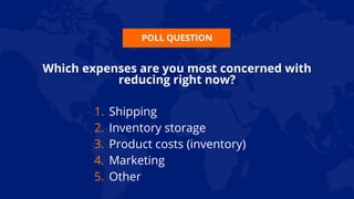 POLL QUESTION
Which expenses are you most concerned with
reducing right now?
1. Shipping
2. Inventory storage
3. Product costs (inventory)
4. Marketing
5. Other
 
