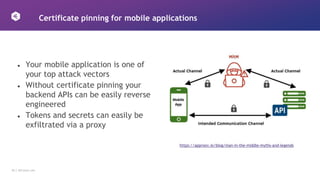 20 │ 42Crunch.com
Certificate pinning for mobile applications
https://approov.io/blog/man-in-the-middle-myths-and-legends
● Your mobile application is one of
your top attack vectors
● Without certificate pinning your
backend APIs can be easily reverse
engineered
● Tokens and secrets can easily be
exfiltrated via a proxy
 