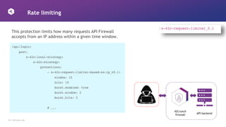 24 │ 42Crunch.com
Rate limiting
API backend
42Crunch
firewall
This protection limits how many requests API Firewall
accepts from an IP address within a given time window.
 