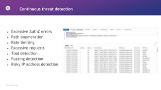 28 │ 42Crunch.com
Continuous threat detection
● Excessive AuthZ errors
● Path enumeration
● Rate limiting
● Excessive requests
● Tool detection
● Fuzzing detection
● Risky IP address detection
 