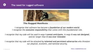 3 │ 42Crunch.com
The need for rugged software
https://ruggedsoftware.org/
I recognize that software has become a foundation of our modern world.
I recognize the awesome responsibility that comes with this foundational role.
I recognize that my code will be used in ways I cannot anticipate, in ways it was not designed,
and for longer than it was ever intended.
I recognize that my code will be attacked by talented and persistent adversaries who threaten
our physical, economic, and national security.
 