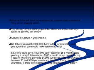 What is it that will have to be replaced to maintain their standard of living on an  ongoing  basis? The answer is your earnings potential, but at worst your earnings today, ie $50,000 per annum Assume 5% return = 20 x income So if there was not $1,000,000 there today, for example, would you agree that you should make up the shortfall? So, if you could buy $1,000,000 cover today for  $5  a month  would  you buy it today? If it costs you  $500  a month today,  could  you buy it today? Therefore, provided $1,000,000 cover costs somewhere between $5 and $500 per month and it does not take bread off your table, is there any reason why you would  not  buy it today? 