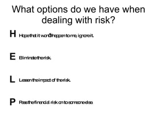What options do we have when dealing with risk? H E L P Hope that it won’t happen to me, ignore it. Eliminate the risk. Lessen the impact of the risk. Pass the financial risk on to someone else. 