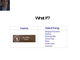 Mortgage Payments Clothing Electricity Bills School Fees Rates Credit Cards Insurance What if? Income Cost of living 