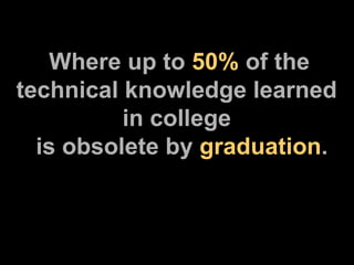 Where up to  50%  of the technical knowledge learned  in college   is obsolete by  graduation . 