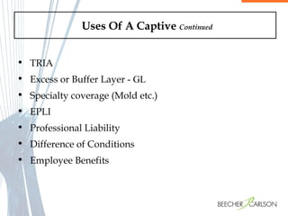 TRIA Excess or Buffer Layer  - GL Specialty coverage (Mold etc.) EPLI  Professional Liability Difference of Conditions  Employee Benefits Uses Of A Captive  Continued   