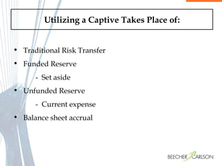 Utilizing a Captive Takes Place of: Traditional Risk Transfer Funded Reserve -  Set aside Unfunded Reserve  -  Current expense  Balance sheet accrual  