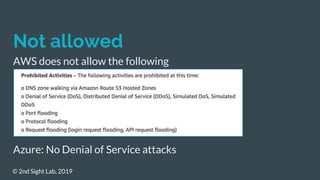 Not allowed
AWS does not allow the following
Azure: No Denial of Service attacks
© 2nd Sight Lab, 2019
 