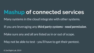 Mashup of connected services
Many systems in the cloud integrate with other systems.
If you are leveraging any third party...