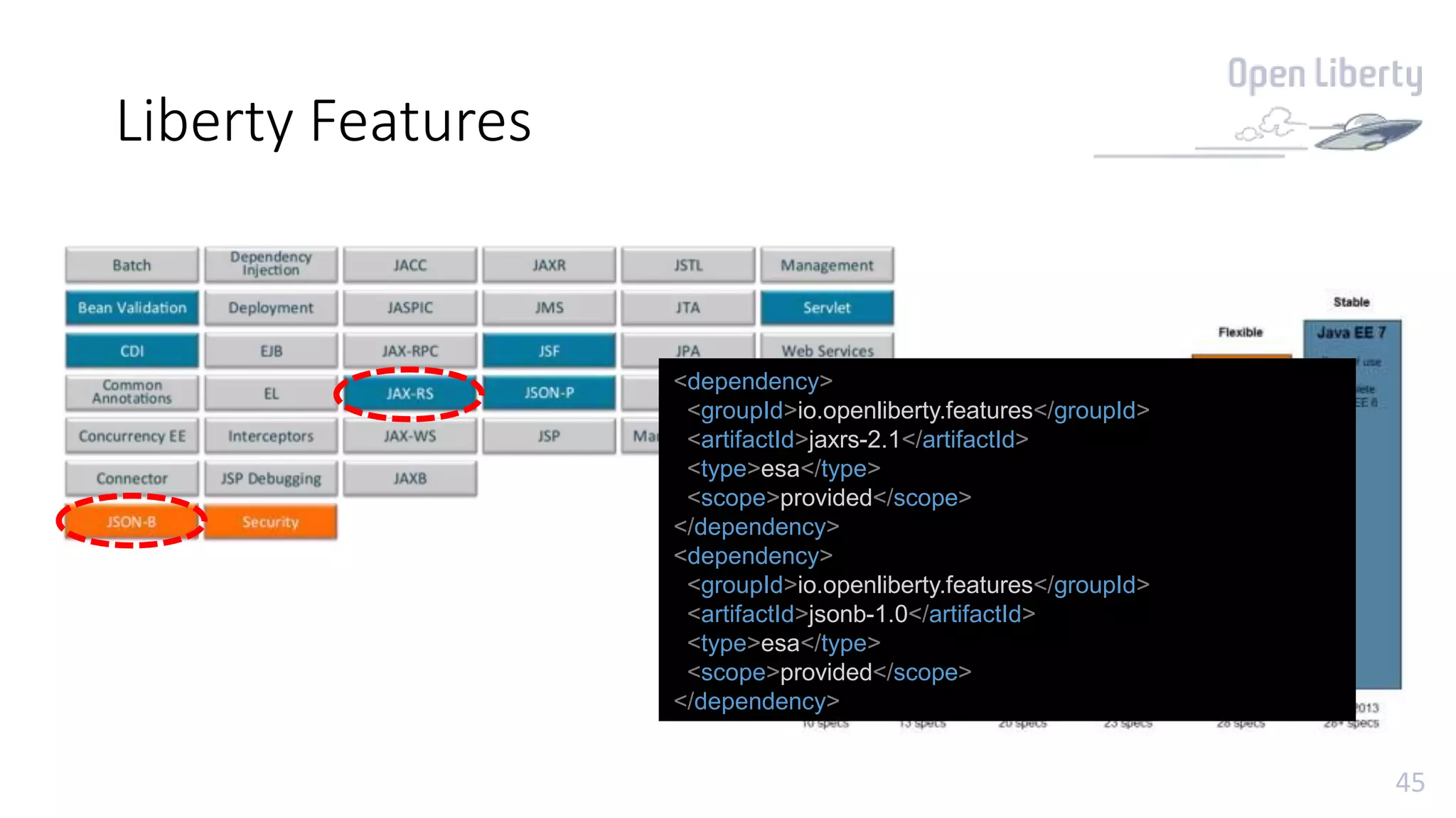 45
Liberty Features
<dependency>
<groupId>io.openliberty.features</groupId>
<artifactId>jaxrs-2.1</artifactId>
<type>esa</type>
<scope>provided</scope>
</dependency>
<dependency>
<groupId>io.openliberty.features</groupId>
<artifactId>jsonb-1.0</artifactId>
<type>esa</type>
<scope>provided</scope>
</dependency>
 