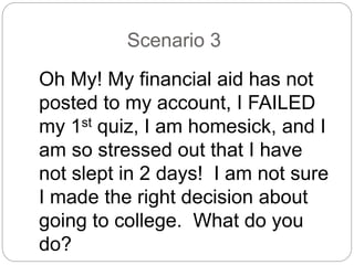 Scenario 3
Oh My! My financial aid has not
posted to my account, I FAILED
my 1st quiz, I am homesick, and I
am so stressed out that I have
not slept in 2 days! I am not sure
I made the right decision about
going to college. What do you
do?
 