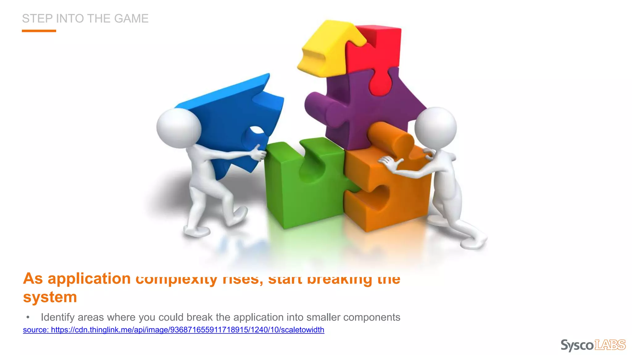 As application complexity rises, start breaking the
system
• Identify areas where you could break the application into smaller components
source: https://cdn.thinglink.me/api/image/936871655911718915/1240/10/scaletowidth
STEP INTO THE GAME
 