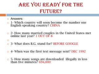 Are youready for thefuture?Answers:1- Which country willsoonbecomethenumberoneEnglishspeaking country? CHINA2- Howmanymarriedcouples in theUnited States met online lastyear? 1 OUT OF 83- What does B.G. stand for? BEFORE GOOGLE4- Whenwasthefirsttextmessagesent? DEC 19925- Howmanysongs are downloadedillegally in lessthanfive minutes? 694,000