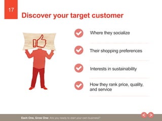 17
Each One, Grow One: Are you ready to start your own business?
Discoveryour target customer
Where they socialize
Their s...