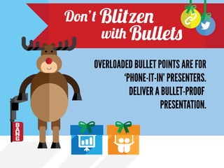 Don’t Blitzen with Bullets
OVERLOADED BULLET POINTS ARE
FOR
‘PHONE-IT-IN’ PRESENTERS.
DELIVER A BULLET-PROOF
PRESENTATION.

 