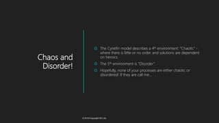 Chaos and
Disorder!
 The Cynefin model describes a 4th environment: “Chaotic” -
where there is little or no order and solutions are dependent
on heroics.
 The 5th environment is “Disorder”.
 Hopefully, none of your processes are either chaotic or
disordered! If they are call me…
© 2019 Copyright ISC Ltd.
 