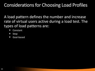 Considerations for Choosing Load Profiles

     A load pattern defines the number and increase
     rate of virtual users active during a load test. The
     types of load patterns are:
          Constant
          Step
          Goal-based




15
 