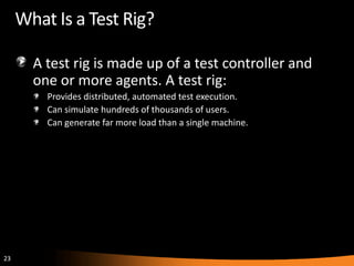 What Is a Test Rig?

       A test rig is made up of a test controller and
       one or more agents. A test rig:
         Provides distributed, automated test execution.
         Can simulate hundreds of thousands of users.
         Can generate far more load than a single machine.




23
 