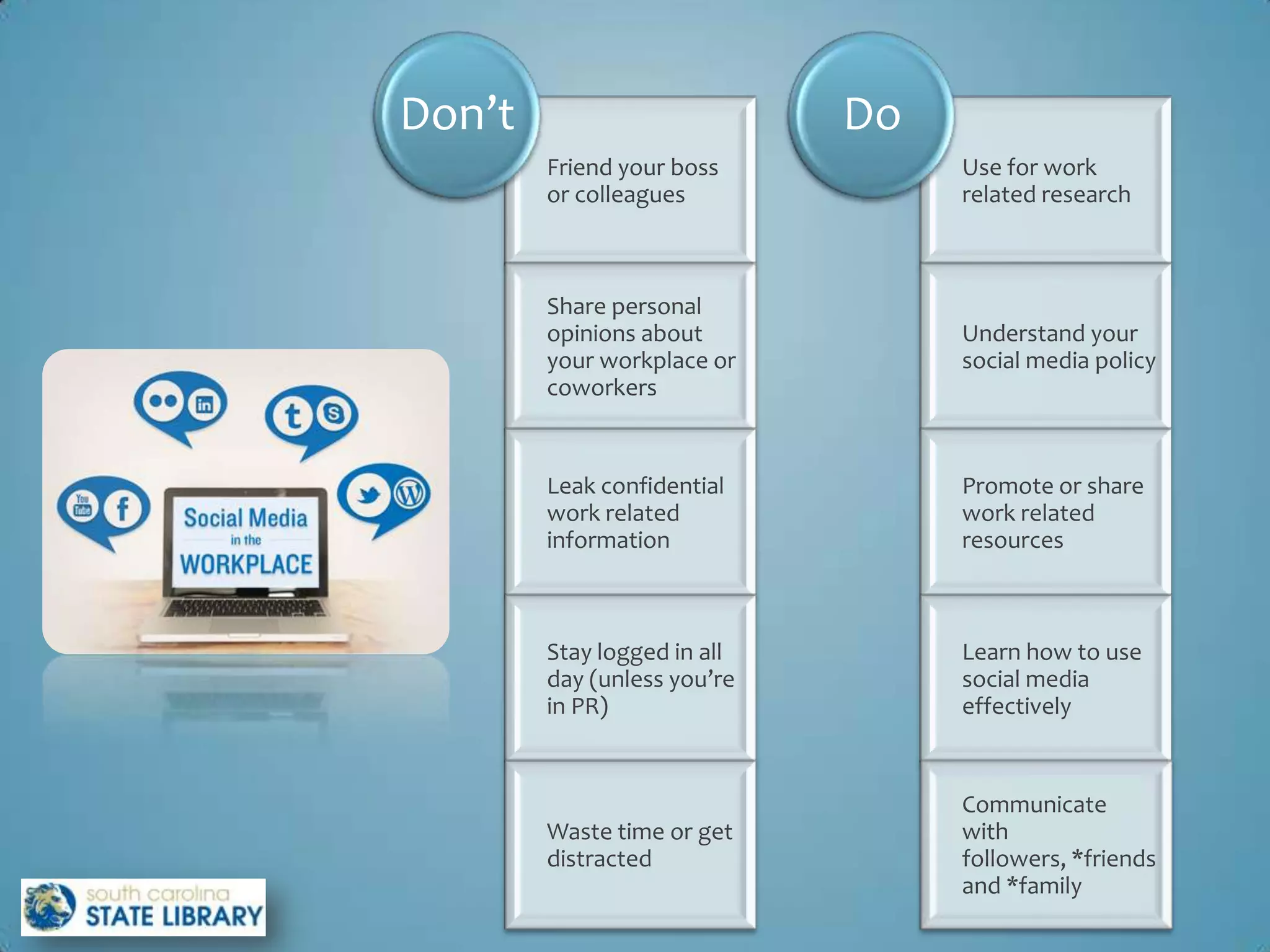 Don’t                        Do
        Friend your boss          Use for work
        or colleagues             related research



        Share personal
        opinions about            Understand your
        your workplace or         social media policy
        coworkers


        Leak confidential         Promote or share
        work related              work related
        information               resources



        Stay logged in all        Learn how to use
        day (unless you’re        social media
        in PR)                    effectively


                                  Communicate
        Waste time or get         with
        distracted                followers, *friends
                                  and *family
 