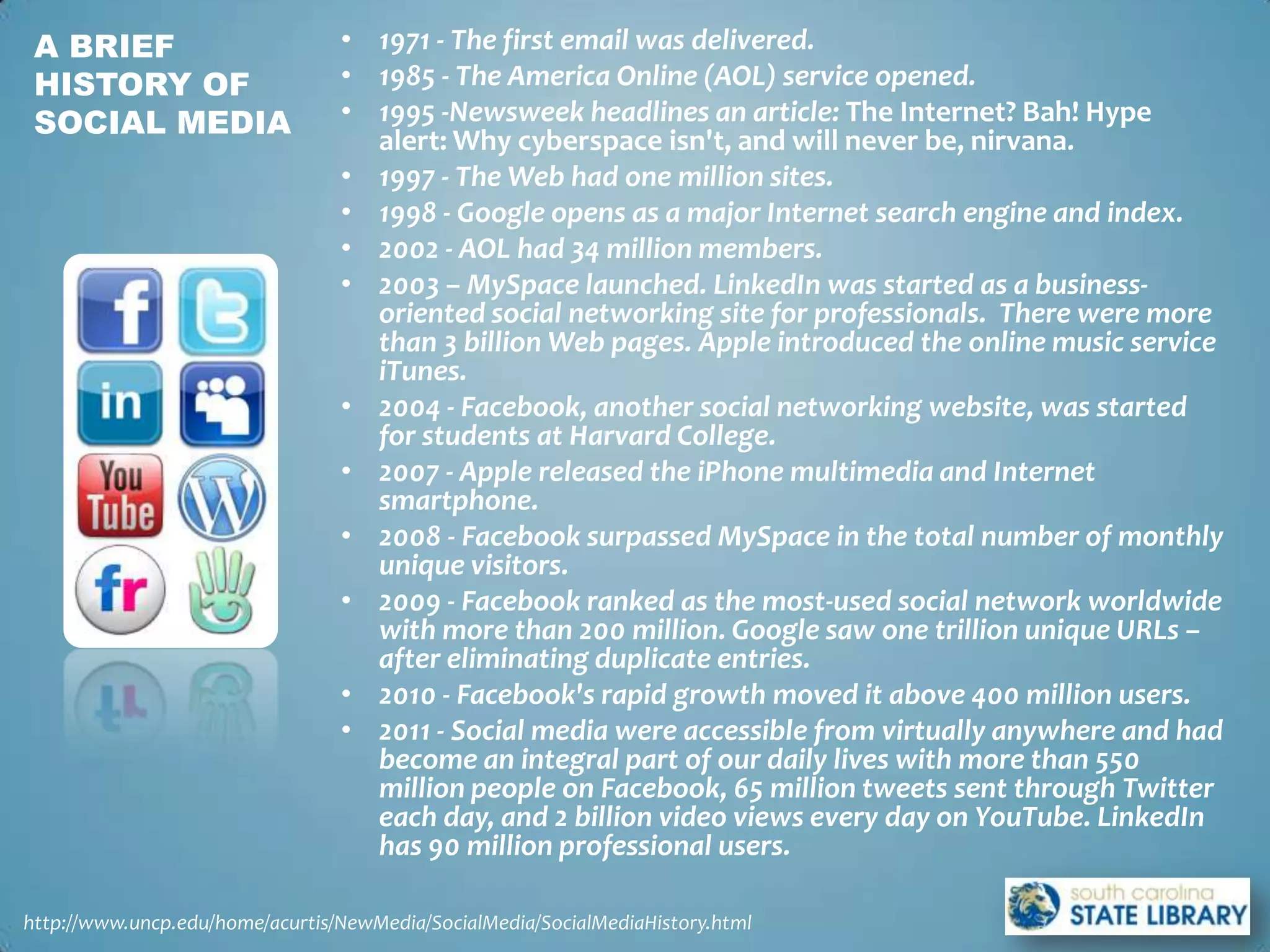 A BRIEF                         • 1971 - The first email was delivered.
 HISTORY OF                      • 1985 - The America Online (AOL) service opened.
 SOCIAL MEDIA                    • 1995 -Newsweek headlines an article: The Internet? Bah! Hype
                                   alert: Why cyberspace isn't, and will never be, nirvana.
                                 • 1997 - The Web had one million sites.
                                 • 1998 - Google opens as a major Internet search engine and index.
                                 • 2002 - AOL had 34 million members.
                                 • 2003 – MySpace launched. LinkedIn was started as a business-
                                   oriented social networking site for professionals. There were more
                                   than 3 billion Web pages. Apple introduced the online music service
                                   iTunes.
                                 • 2004 - Facebook, another social networking website, was started
                                   for students at Harvard College.
                                 • 2007 - Apple released the iPhone multimedia and Internet
                                   smartphone.
                                 • 2008 - Facebook surpassed MySpace in the total number of monthly
                                   unique visitors.
                                 • 2009 - Facebook ranked as the most-used social network worldwide
                                   with more than 200 million. Google saw one trillion unique URLs –
                                   after eliminating duplicate entries.
                                 • 2010 - Facebook's rapid growth moved it above 400 million users.
                                 • 2011 - Social media were accessible from virtually anywhere and had
                                   become an integral part of our daily lives with more than 550
                                   million people on Facebook, 65 million tweets sent through Twitter
                                   each day, and 2 billion video views every day on YouTube. LinkedIn
                                   has 90 million professional users.

http://www.uncp.edu/home/acurtis/NewMedia/SocialMedia/SocialMediaHistory.html
 