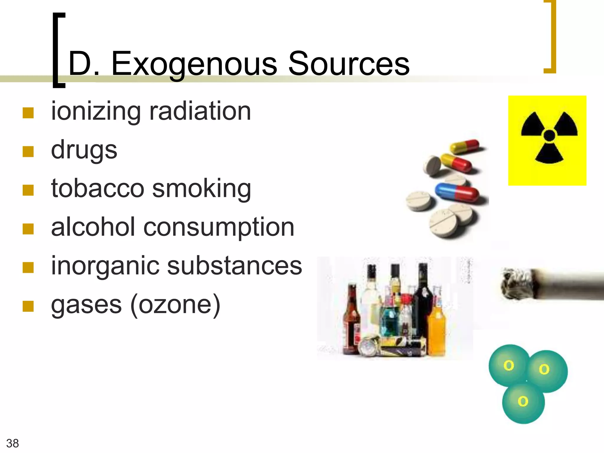 D. Exogenous Sources
        ionizing radiation
        drugs
        tobacco smoking
        alcohol consumption
        inorganic substances
        gases (ozone)



38
 