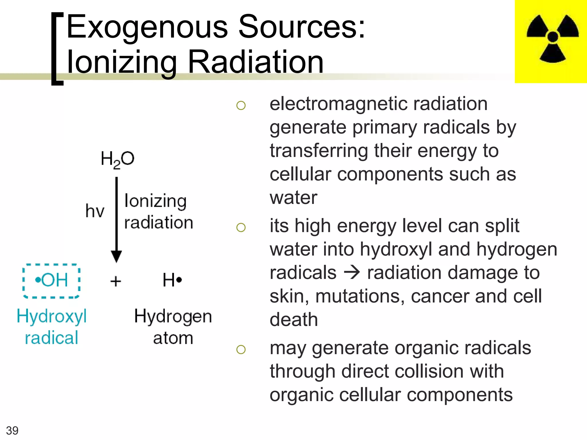 Exogenous Sources:
     Ionizing Radiation
                  electromagnetic radiation
                   generate primary radicals by
                   transferring their energy to
                   cellular components such as
                   water
                  its high energy level can split
                   water into hydroxyl and hydrogen
                   radicals  radiation damage to
                   skin, mutations, cancer and cell
                   death
                  may generate organic radicals
                   through direct collision with
                   organic cellular components
39
 