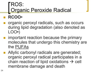 ROS:
          Organic Peroxide Radical
        RCOO•
        organic peroxyl radicals, such as occurs
         during lipid degradation (also denoted as
         LOO•)
        important reaction because the primary
         molecules that undergo this chemistry are
         the PUFAs
        Allylic carbonyl radicals are generated;
         organic peroxyl radical participates in a
         chain reaction of lipid oxidations  cell
         membrane damage and death
24
 