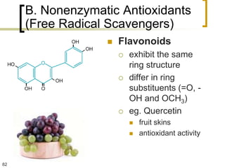 B. Nonenzymatic Antioxidants
     (Free Radical Scavengers)
                     Flavonoids
                         exhibit the same
                          ring structure
                         differ in ring
                          substituents (=O, -
                          OH and OCH3)
                         eg. Quercetin
                             fruit skins
                             antioxidant activity



82
 