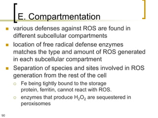 E. Compartmentation
        various defenses against ROS are found in
         different subcellular compartments
        location of free radical defense enzymes
         matches the type and amount of ROS generated
         in each subcellular compartment
        Separation of species and sites involved in ROS
         generation from the rest of the cell
            Fe being tightly bound to the storage
             protein, ferritin, cannot react with ROS.
            enzymes that produce H2O2 are sequestered in
             peroxisomes

90
 