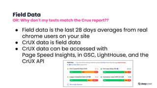 Field Data
OR: Why don't my tests match the Crux report??
● Field data is the last 28 days averages from real
chrome users on your site
● CrUX data is field data
● CrUX data can be accessed with
Page Speed Insights, in GSC, LightHouse, and the
CrUX API
Source: The Science Behind Web Vitals, Chromium Blog May 2020
 