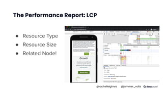 The Performance Report: LCP
● Resource Type
● Resource Size
● Related Node!
@rachelleighrva @jammer_volts
 
