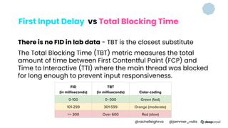 First Input Delay vs Total Blocking Time
There is no FID in lab data - TBT is the closest substitute
The Total Blocking Time (TBT) metric measures the total
amount of time between First Contentful Paint (FCP) and
Time to Interactive (TTI) where the main thread was blocked
for long enough to prevent input responsiveness.
FID
(in milliseconds)
TBT
(in milliseconds) Color-coding
0-100 0–300 Green (fast)
101-299 301-599 Orange (moderate)
>= 300 Over 600 Red (slow)
@rachelleighrva @jammer_volts
 