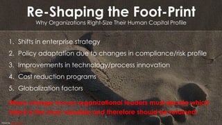 Re-Shaping the Foot-Print
Why Organizations Right-Size Their Human Capital Profile

1. Shifts in enterprise strategy

2. Policy adaptation due to changes in compliance/risk profile
3. Improvements in technology/process innovation

4. Cost reduction programs
5. Globalization factors

When change occurs organizational leaders must decide which
talent is the most valuable and therefore should be retained
Picture by Damian Gadal

 